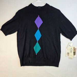 1990s Koret Small Vintage Angora Silk Blend Rear Zipper Argyle Sweater Deadstock